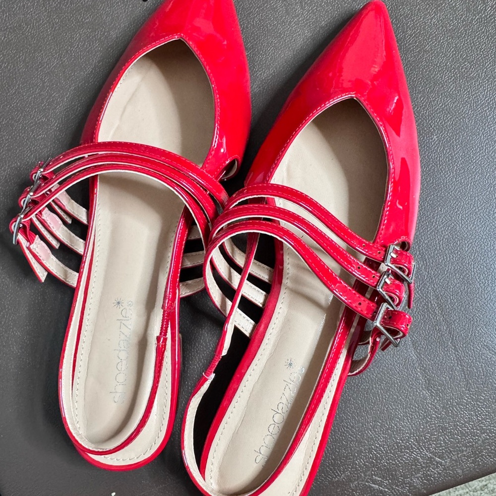Shoe Dazzle Glossy Red Pointed Triple-Strap Mary Jane Flats